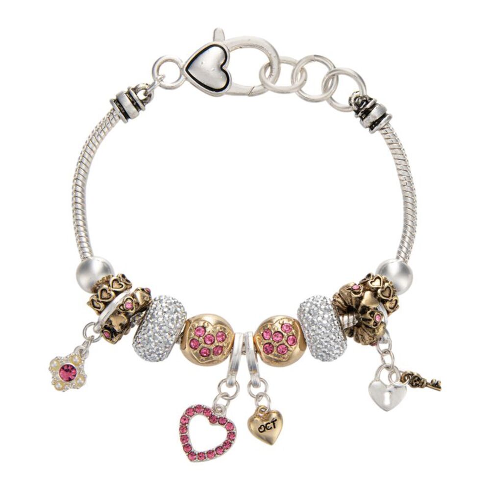 Landau October Birthstone Heart Charm Bracelet with Crystal Accents Silver Tone